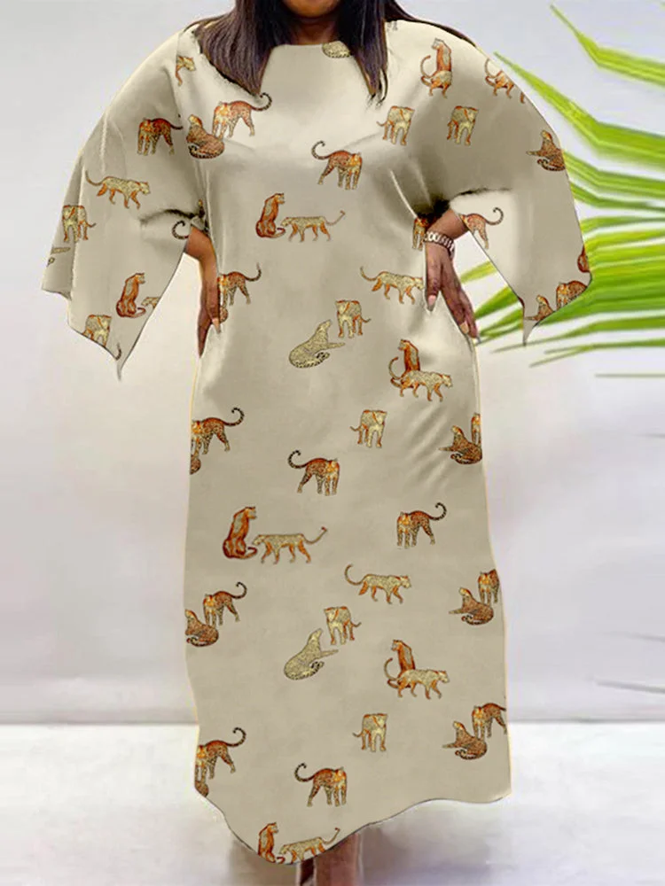 Leopard Print Crew Neck Splited Sleeve Maxi Dresses For Women SKUJ13751 QueenFunky
