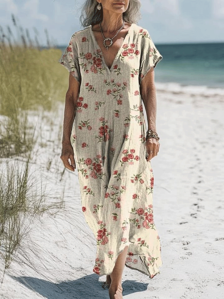 Women's Lovely Floral Art Print Pocket Cotton Dress