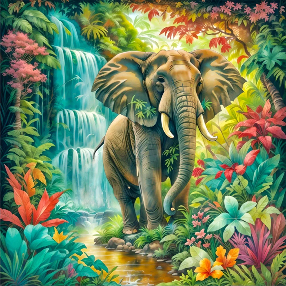 Full Round Diamond Painting - Forest Waterfall Elephant(Canvas|30*30cm)