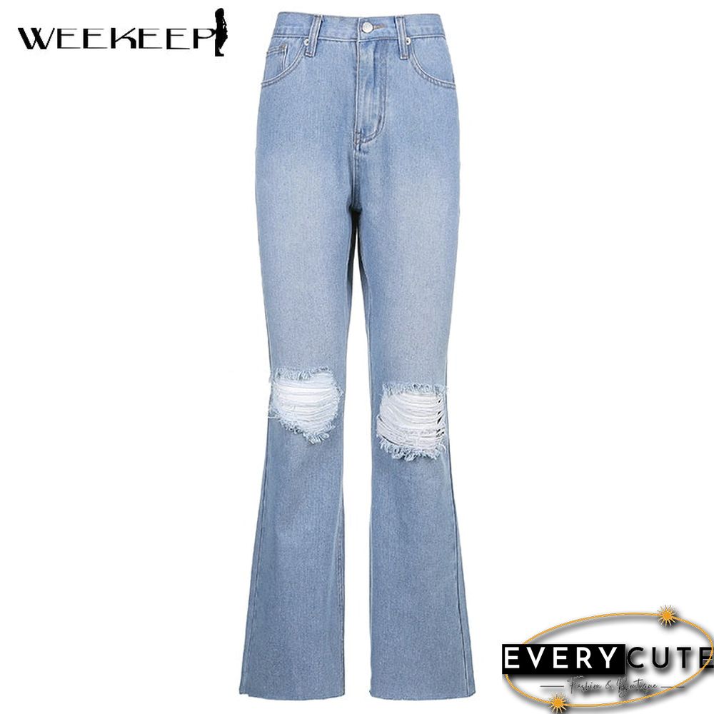 Weekeep Streetwear Heart Holes Cut Out Jeans Women High Waist Slim Long Denim Pencil Pants Summer Vintage Harajuku Blue Trousers