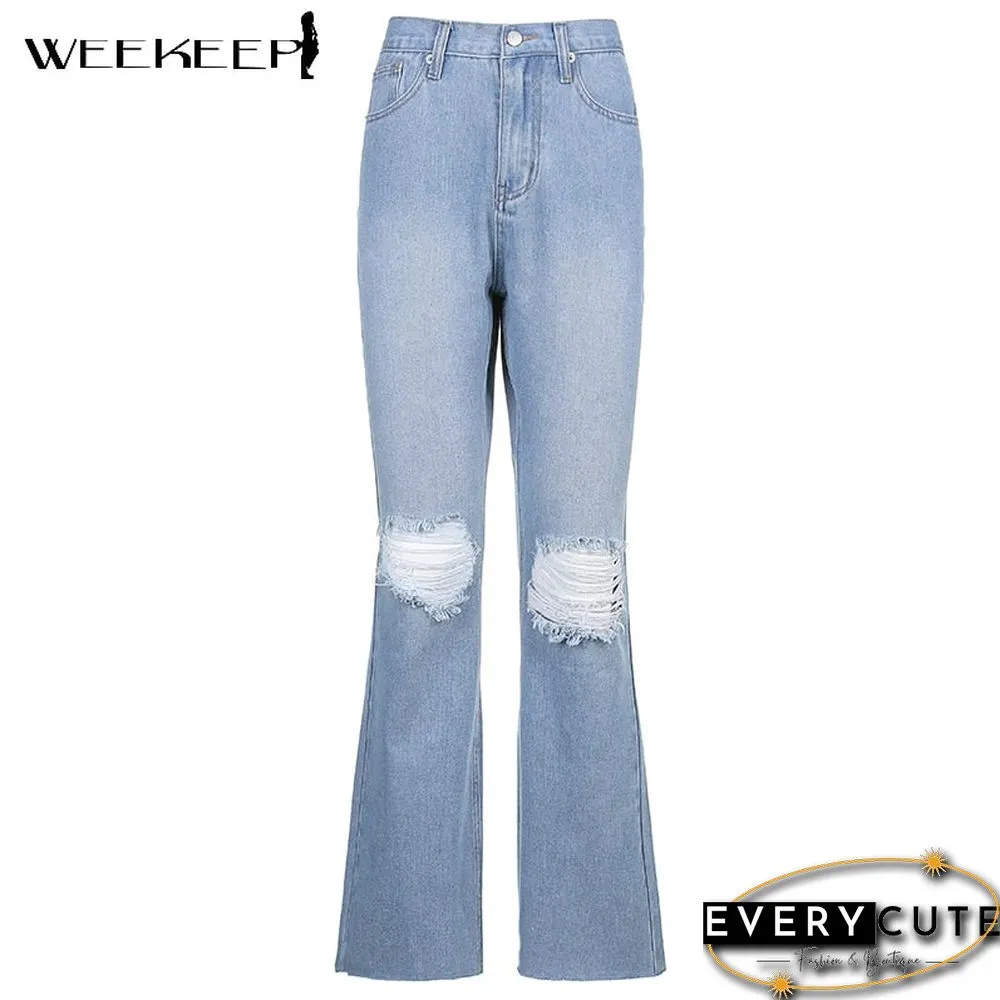 Weekeep Streetwear Heart Holes Cut Out Jeans Women High Waist Slim Long Denim Pencil Pants Summer Vintage Harajuku Blue Trousers