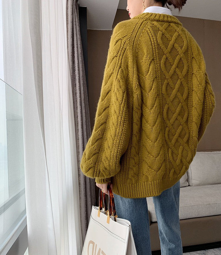 sweater Autumn and Winter New Thick Line Sweater Women's Korean-Style Loose Lazy Style round Neck Thickened Twist Pullover Sweater