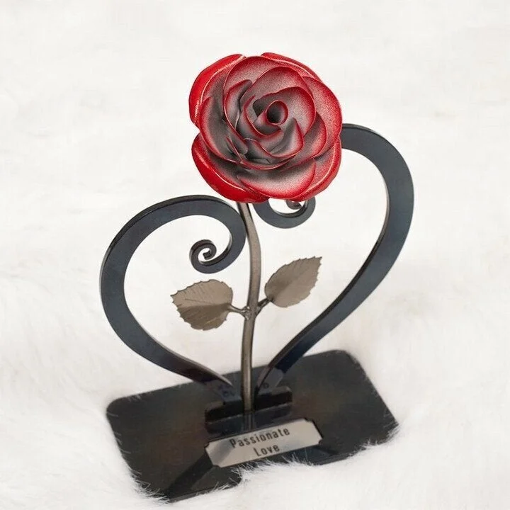 Vangogifts Iron Red Metal Rose with Heart-Shaped Stand