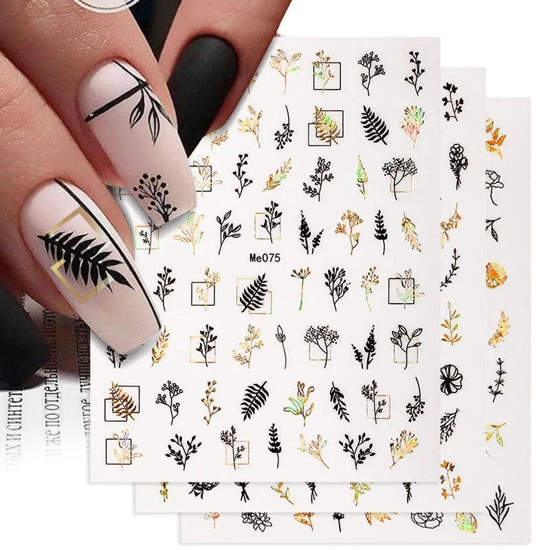 1 Pc 3D Nail Stickers Leaves Sliders for Nails Gold White Bronzing Flowers Gradient Adhesive Sticker Nail Design Art Decorations-Nail Inspo