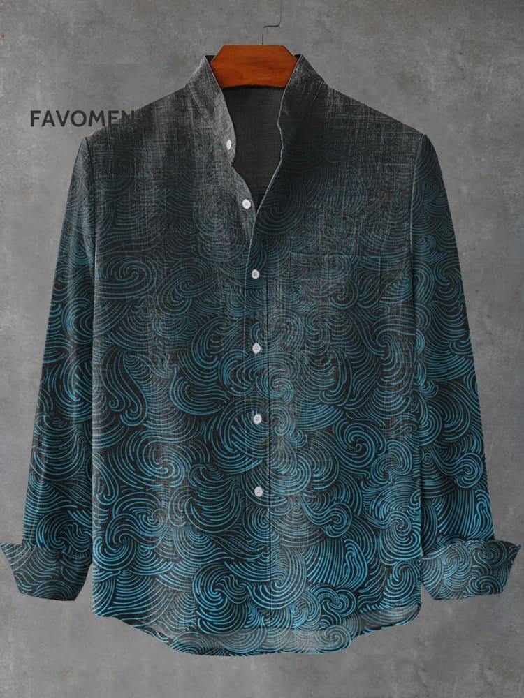 Blue Line Gradient Vintage Stripe Print 100% Cotton Long Sleeve Shirt Multicolor / S