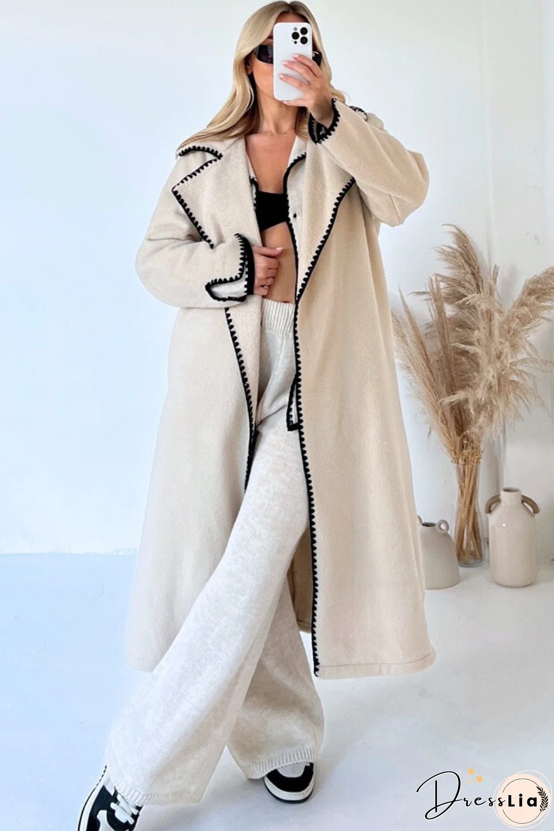 Lapel Lacework Open Front Long Coat