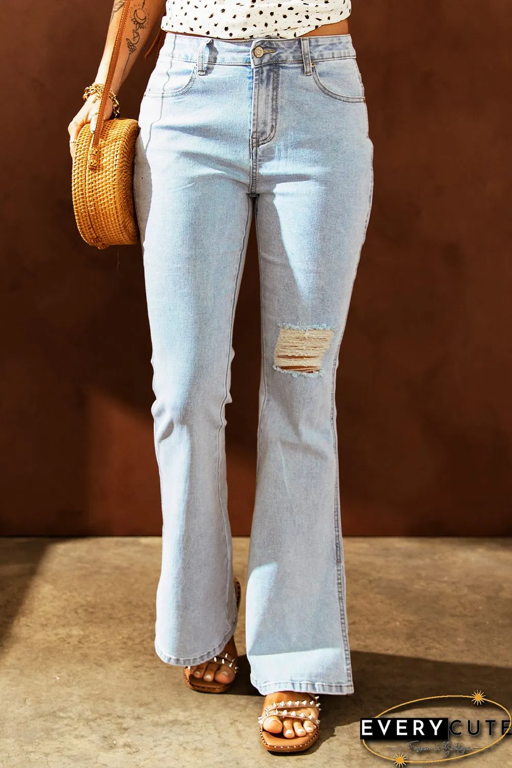 Sky Blue Black Ripped Slit Legs Flare Jeans