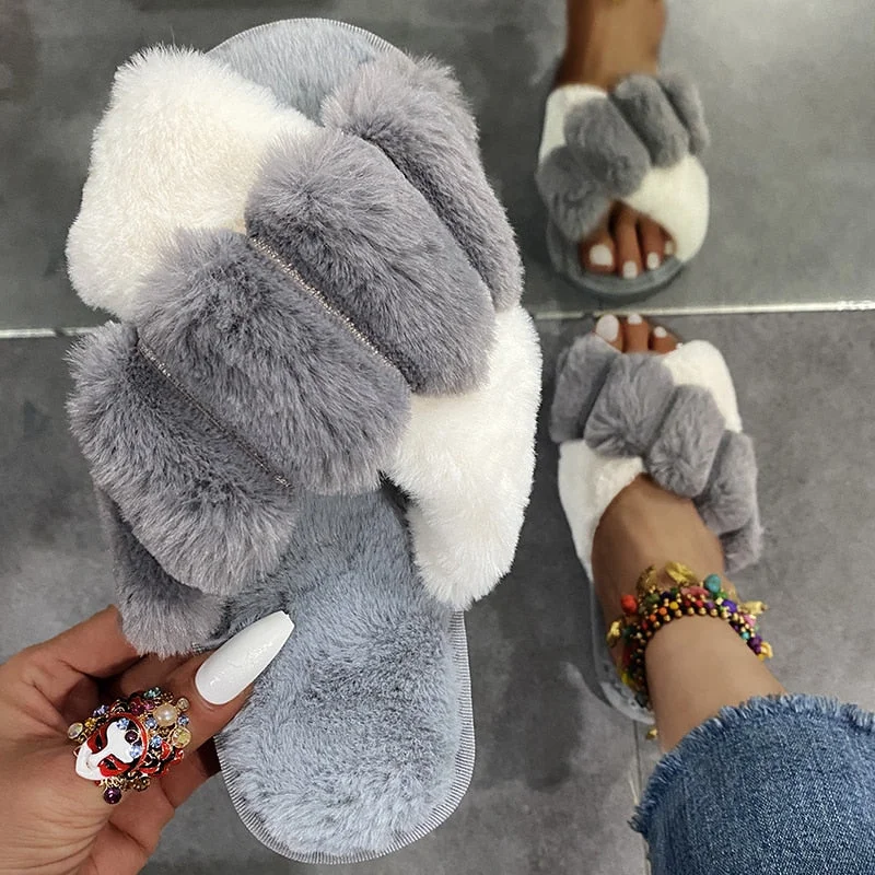 Winter Women Faux Fur Slippers Warm Fluffy Furry Cross Strap Home Indoor Shoes Footwear Cozy House Non Slip Mix Color Whosale