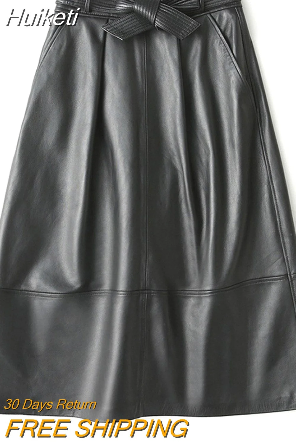 Huiketi Spring Black Long Luxury Clothes for Women with Sashes High Waist A Line Midi Pu Leather Skirt Runway High Fashion 2023