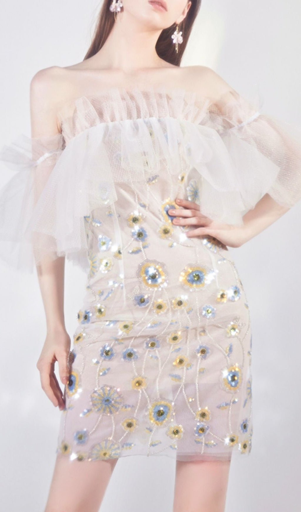 Floral Sequined Mini Dress In White Miss Lee Label