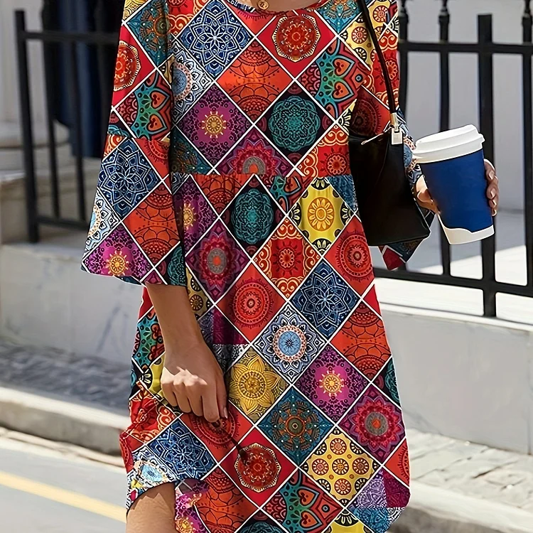 Ethnic Floral Print Crew Neck Dress, Elegant 3\u002F4 Sleeve Curved Hem Dress For Spring & Fall, Women's Clothing