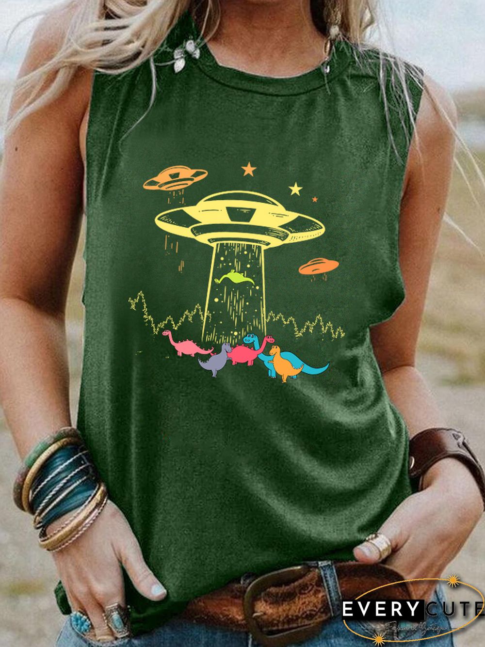 Ufo Dinosaurs Colored Tank Top Harajuku Kawaii Style Dinosaurs Sleevele Tee Women Casual 90S Aesthetic Vintage Top