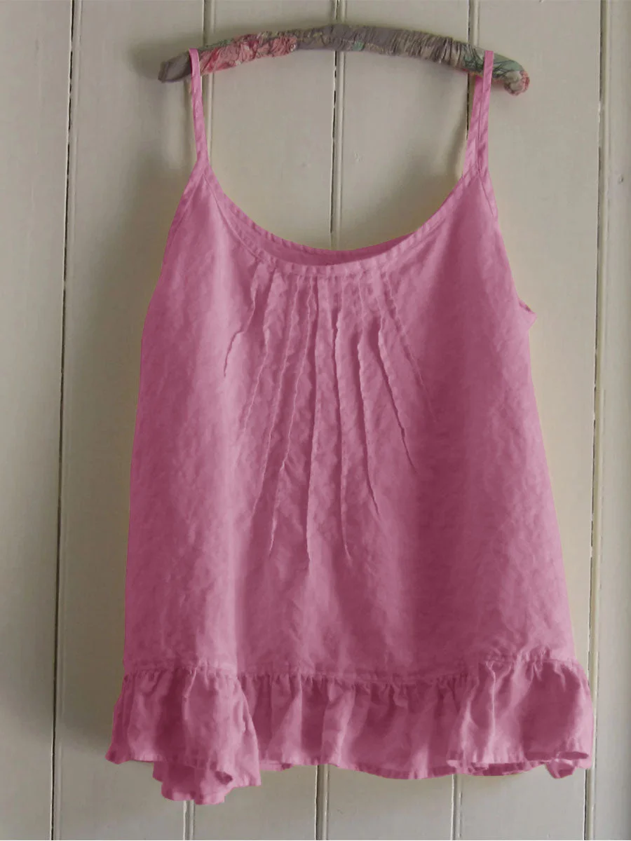 Womens Linen Solid Color Ruffled Hem Casual Tank