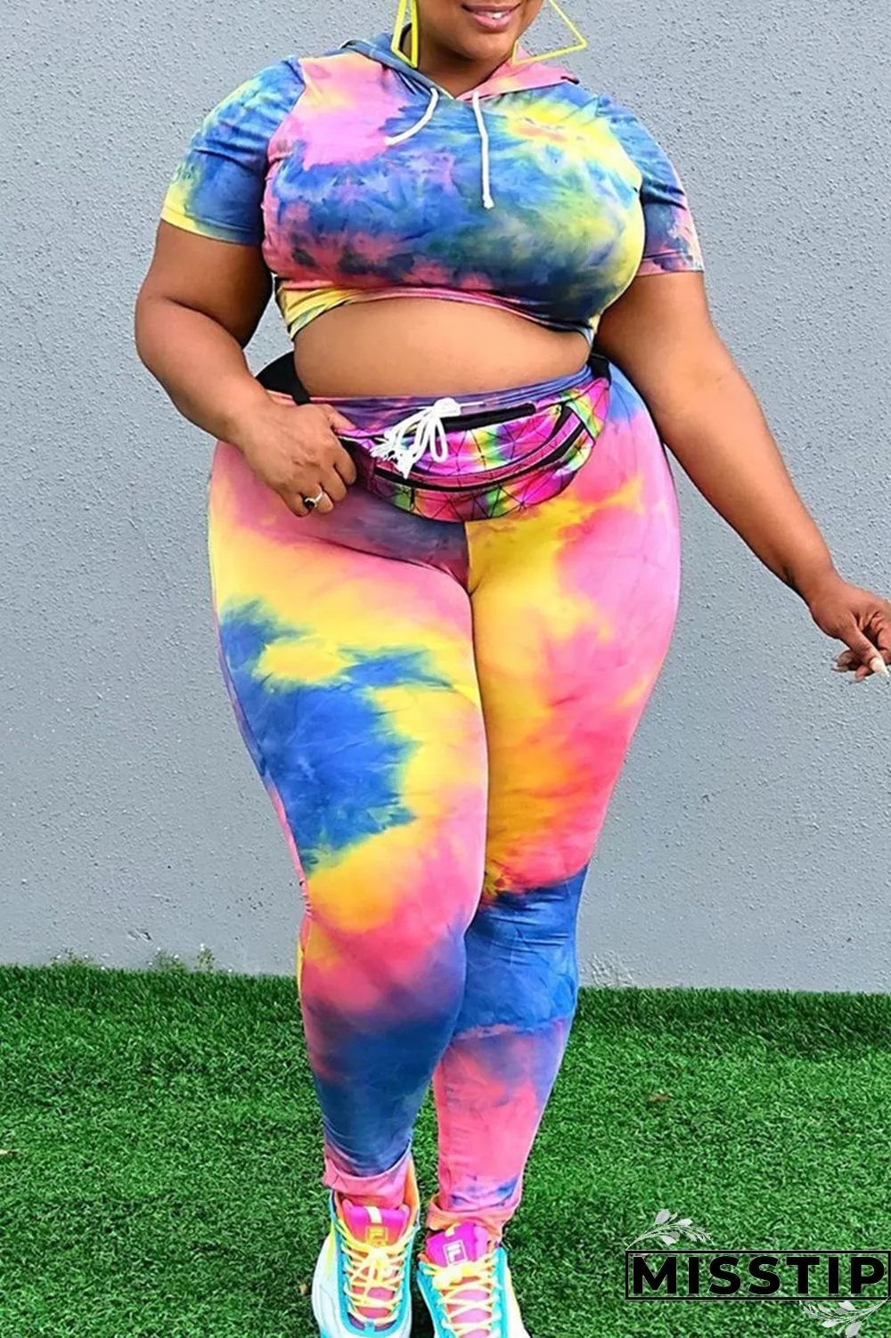 Colour Fashion Casual Print Tie-dye Hooded Collar Plus Size Two Pieces