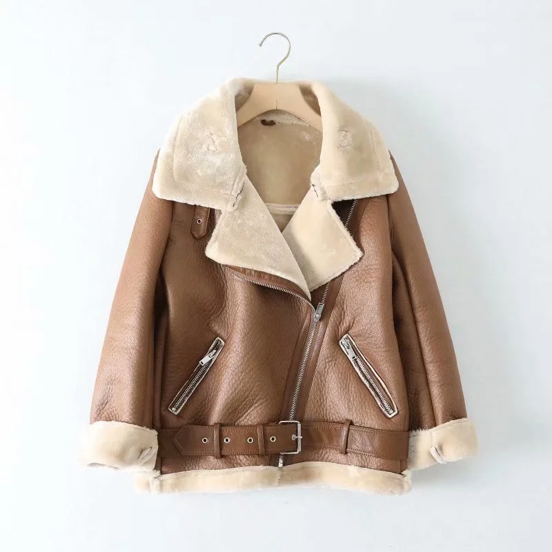 Ailegogo 2021 Winter Coats Women Thick Faux Leather Fur Sheepskin Coat Female Fur Leather Jacket Aviator Jacket Casaco Feminino