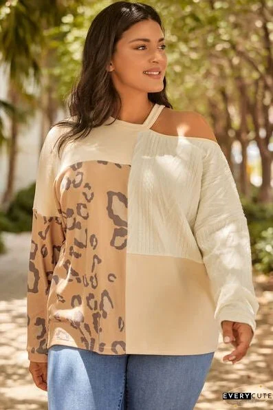 Plus Size Leopard Color Block Long Sleeve T-Shirt