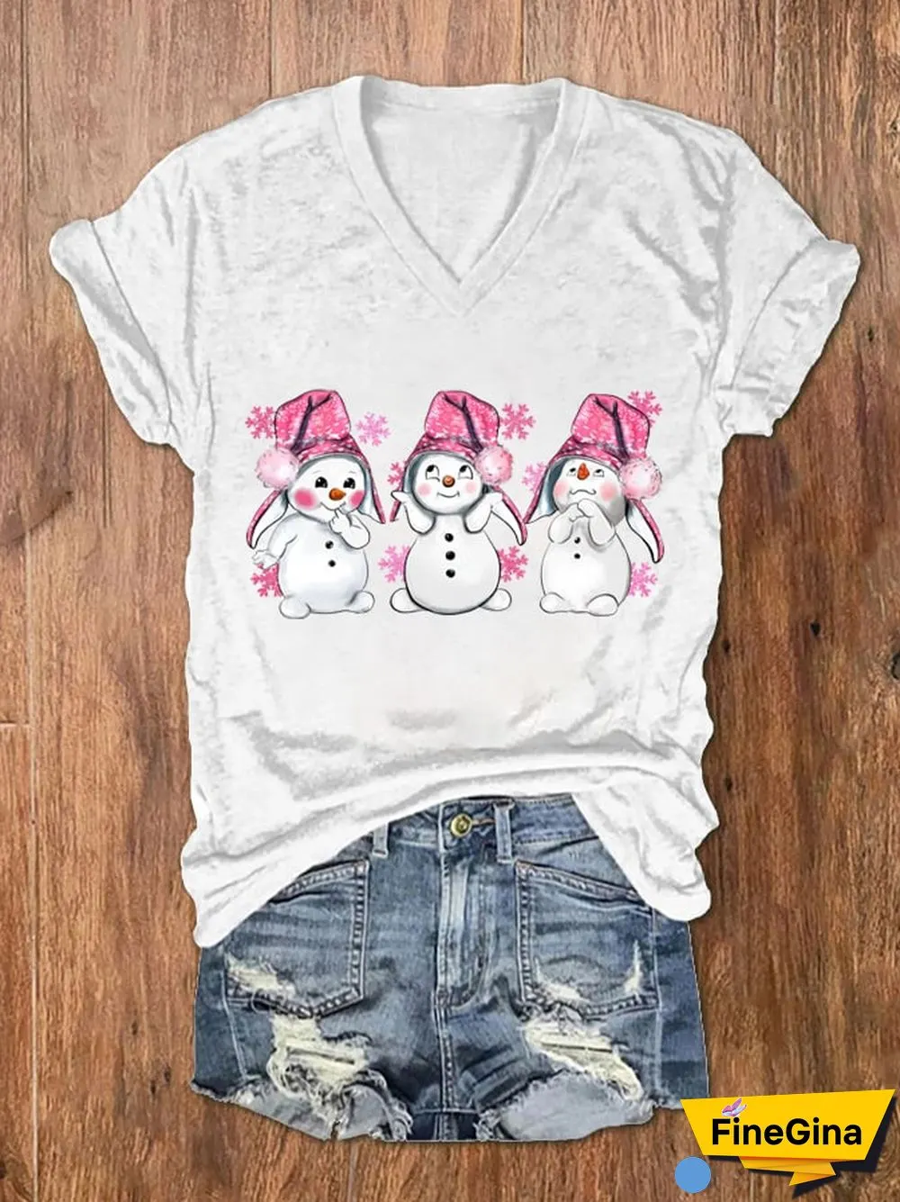 Women's Pink Christmas Snowman Print V-Neck T-Shirt