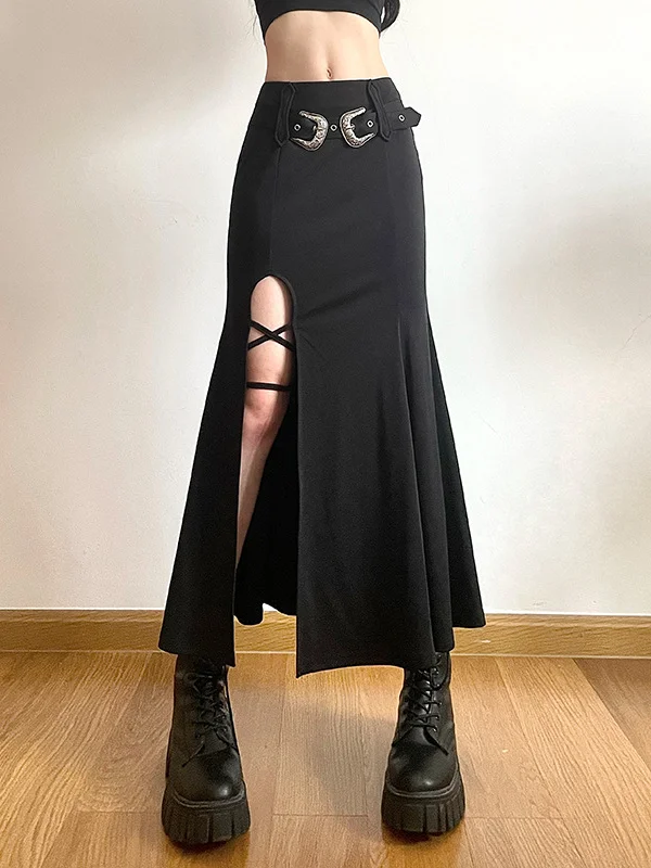 Gothic Dark Bandaged High-slit High-rise Solid Mermaid Skirt