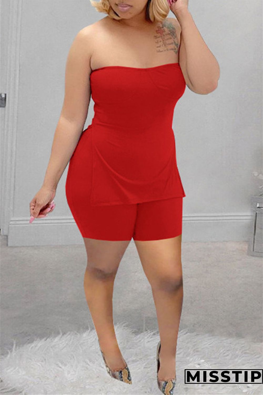 Coral Powder Sexy Casual Solid Backless Slit Strapless Sleeveless Two Pieces