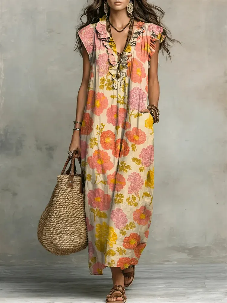 Women's Retro Floral Pattern Art Print Casual Ruffled Stylish Cotton Linen Dress