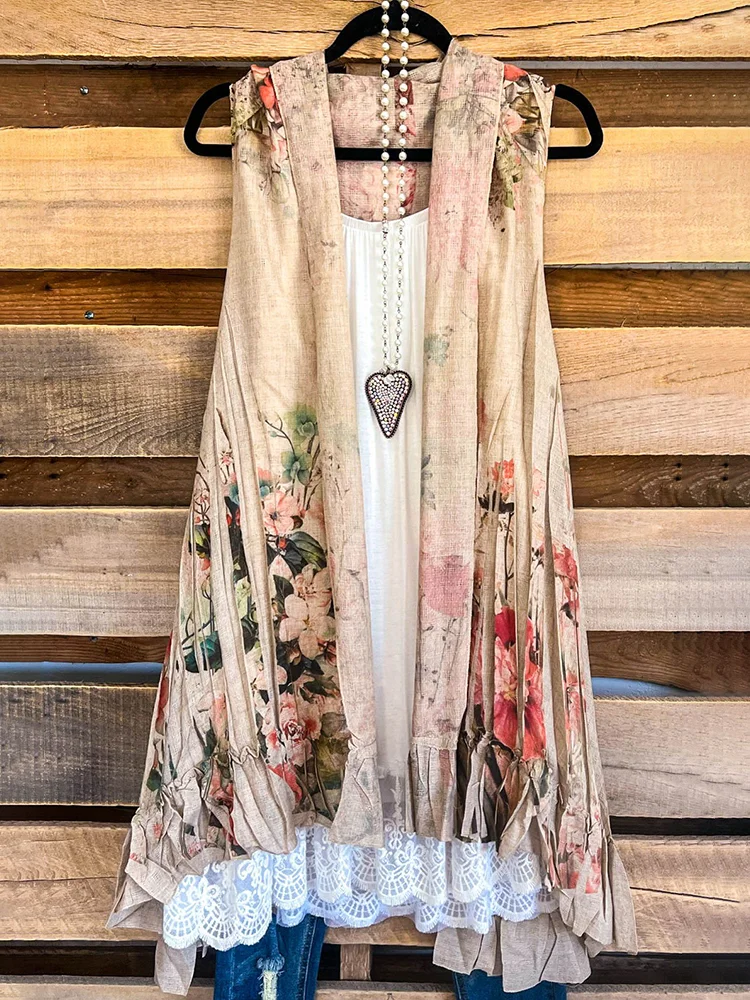 Women's Vintage Floral Pattern Linen Blend Long Vest