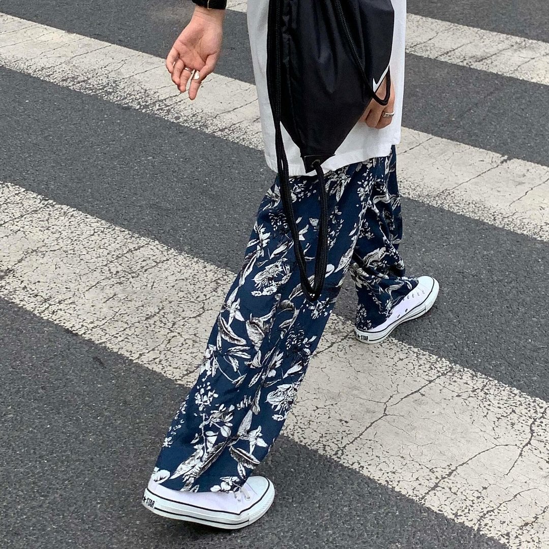 Casual Pants Womens Floral Printed Retro Beach All-match Wide Leg Korean Style Loose Trousers Chic Oversize Elegant Trendy Hot