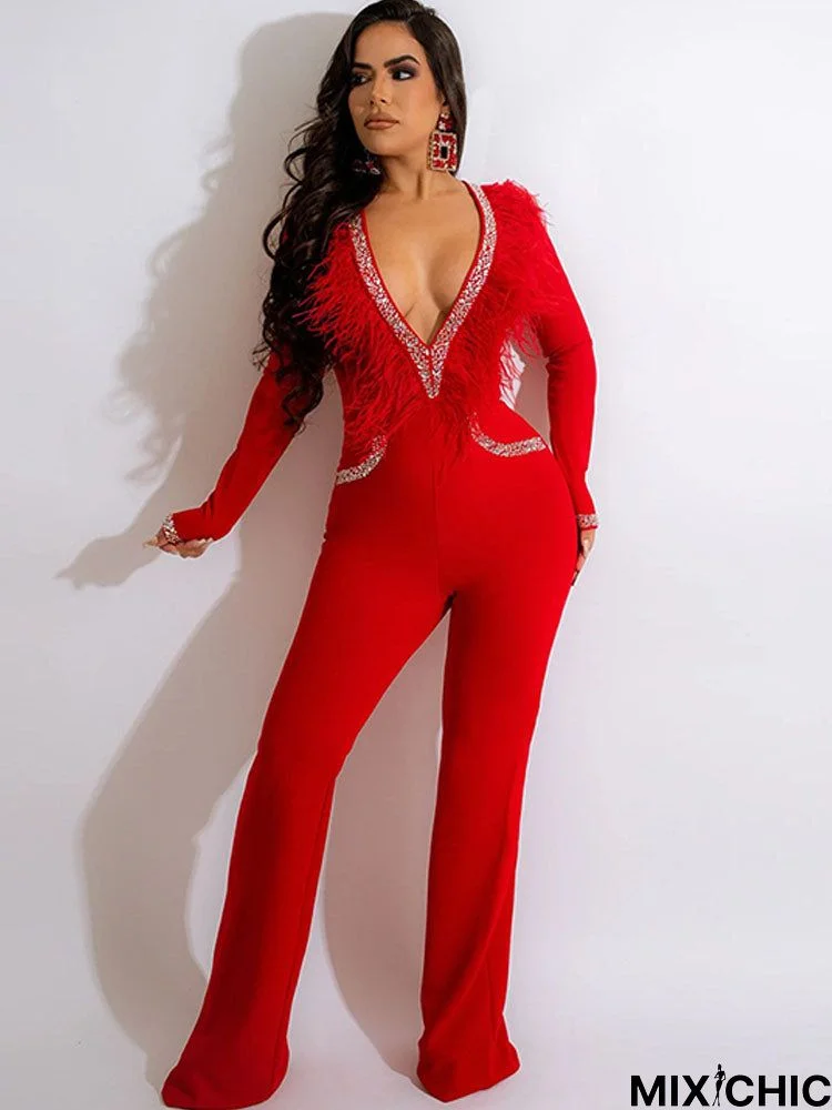 Long Sleeve V Neck Rhinestone Bodycon Jumpsuits