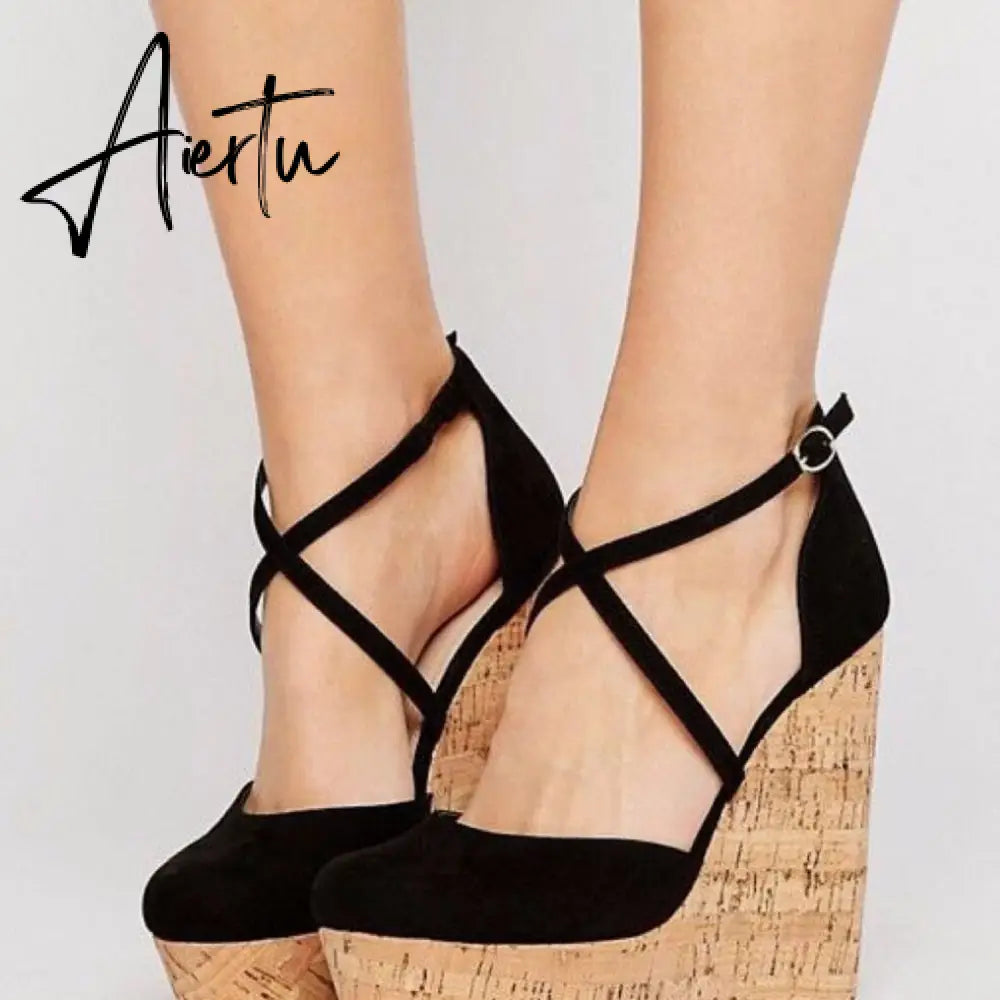 Aiertu Spring Sexy Mary Janes Wedges Platforms Pumps Woman Fetish Heel Round Toe Stripper Buckle Strap Party Wedding Shoes Aiertu