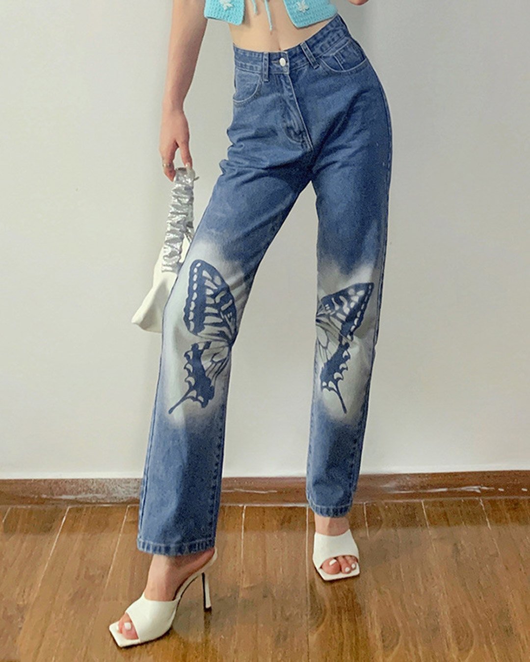 Fashionv-Casual Butterfly Everyday Cotton Spinning Women's Straight Jeans