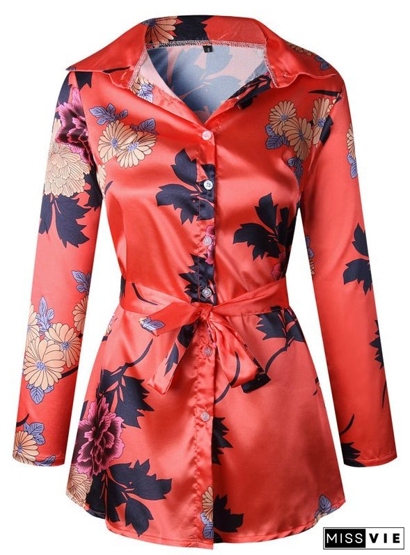Floral Print Notched Dress Women Summer Long Sleeve Sexy Split
