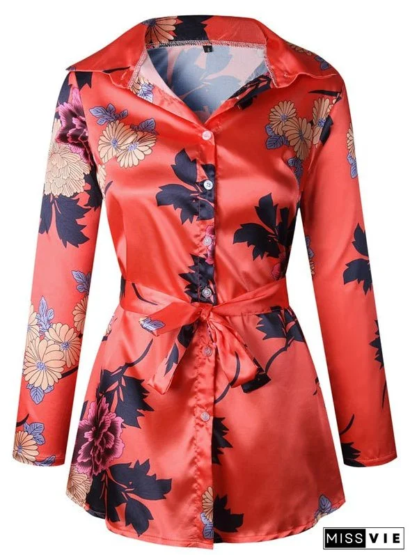 Floral Print Notched Dress Women Summer Long Sleeve Sexy Split