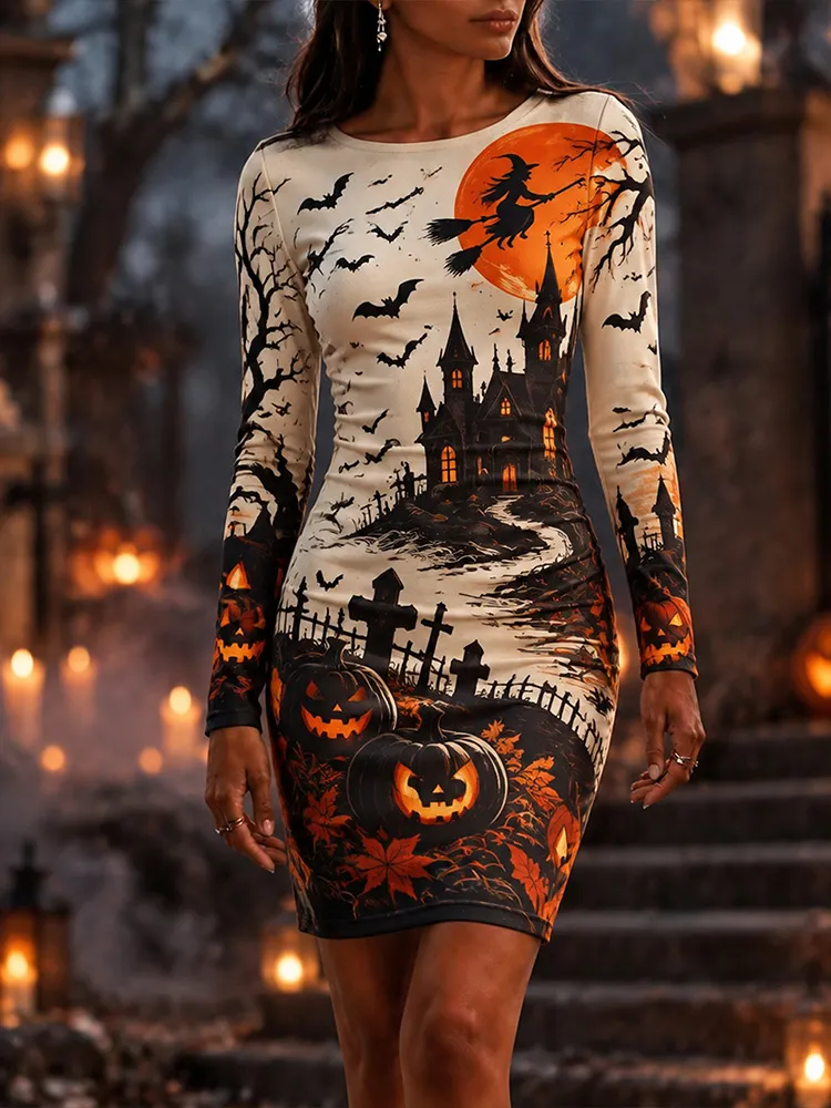 Comstylish Women's Halloween Witch Haunted Castle Pumpkin Bodycon Dress