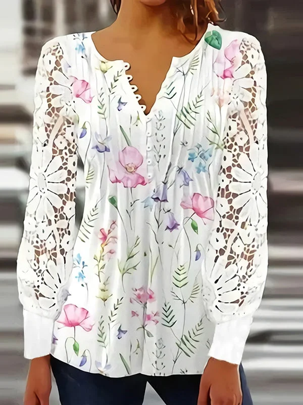 Women Long Sleeve V-neck Floral Printed Lace Top