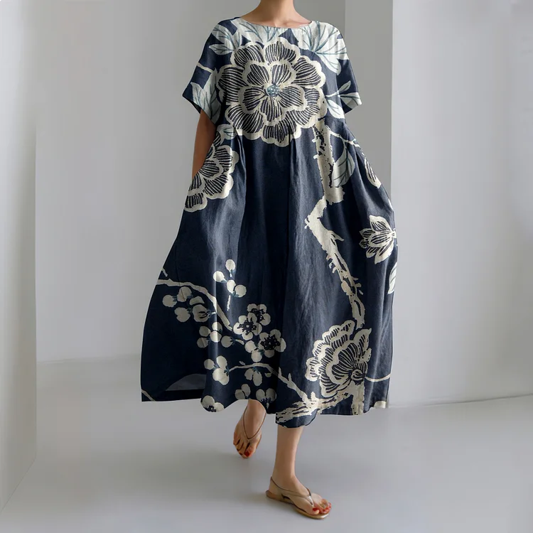 Japanese Plum Bossom Printed Linen Blend Maxi Dress