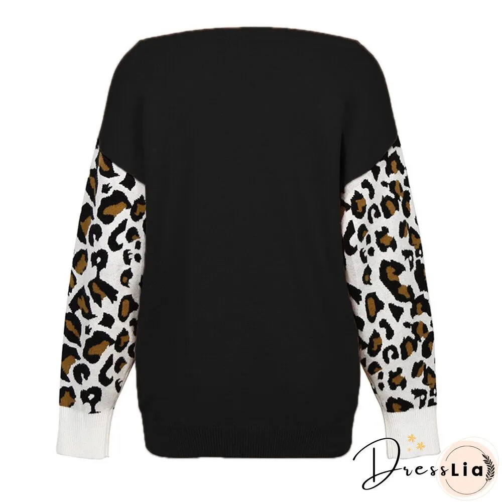 Sale Women Long Sleeve Leopard Printed Sweater Winter Female Casual Patchwork Knitted