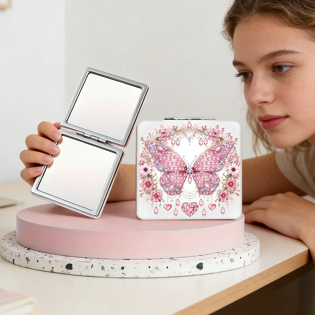 Pink Butterfly DIY Special Shaped Diamond Painting Compact Mirror Kits Diamond Art Painting Pocket Mirror for Beginners Adults Art Craft Woman Gifts