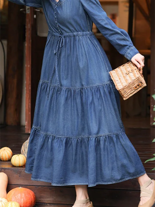 Women's Denim Long Sleeve U-neck Dress