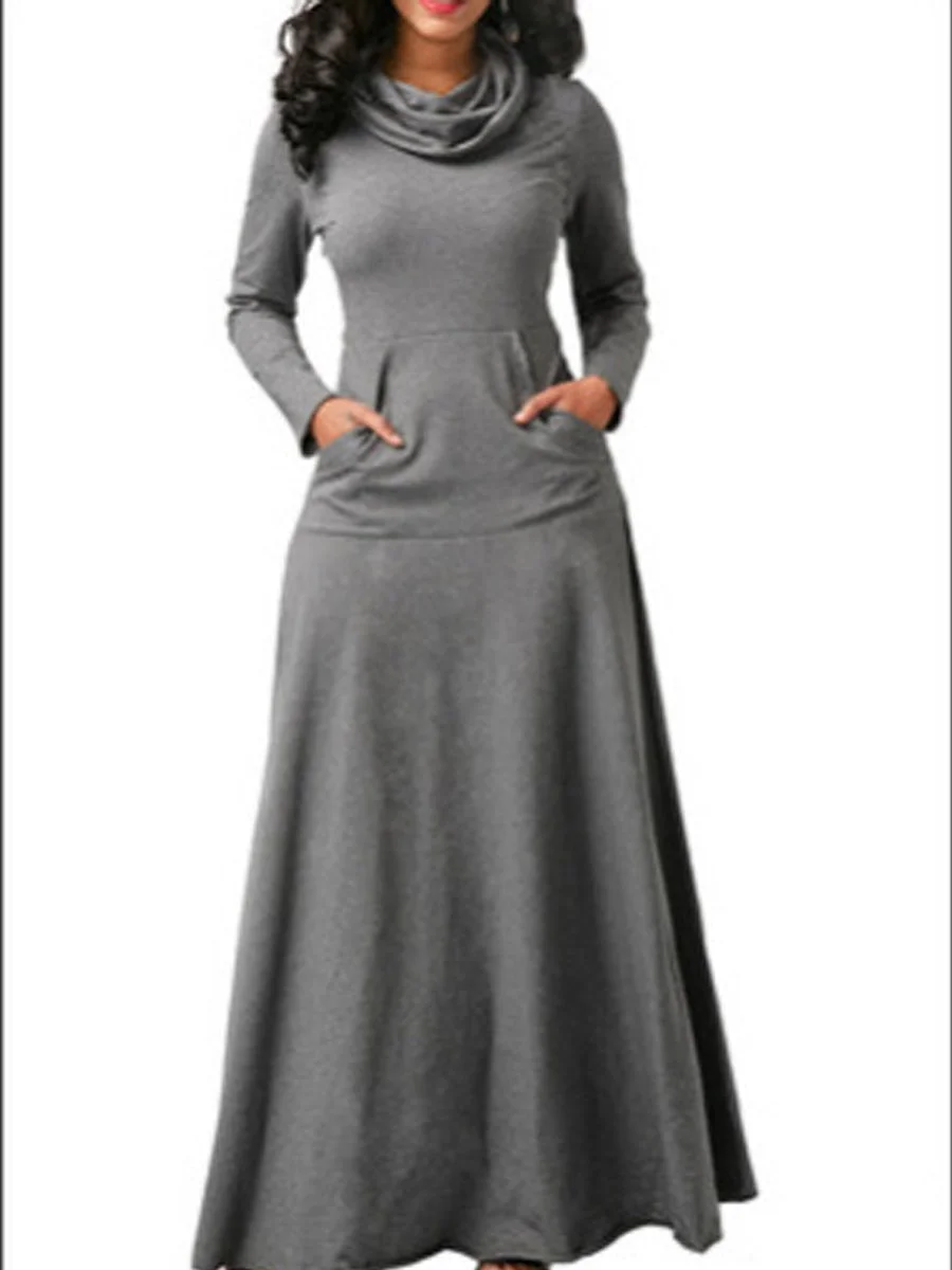 Women's Maxi Dress Plain Long Sleeve Scarf Neck Pockets Swing Dresses