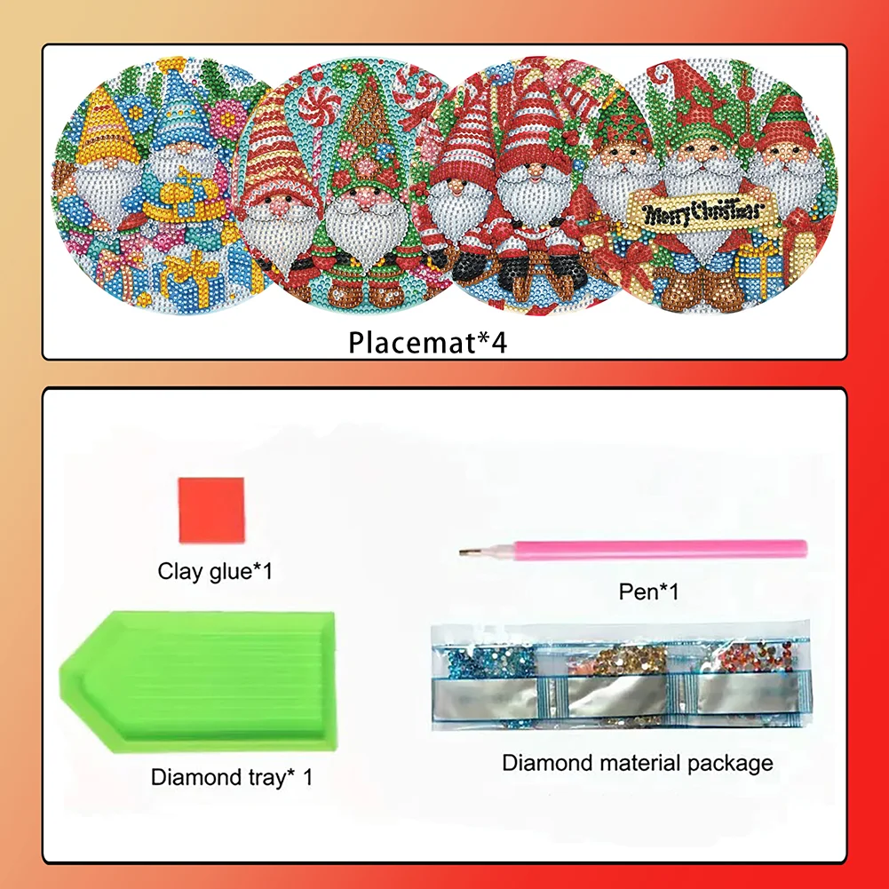 4pcs Gnome Diamond Art Coasters Kits for Home Party and Holiday Decorations