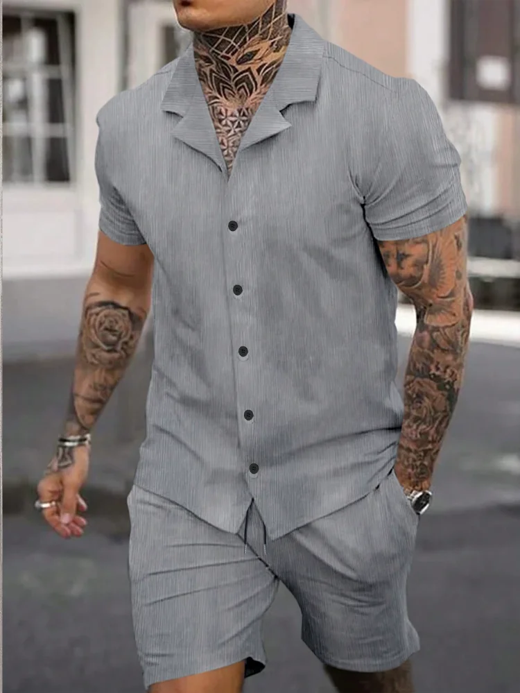 [S-3XL]Men's Classic Casual Striped Digital Print Cuban Collar Shirt Shorts Two-Piece Set