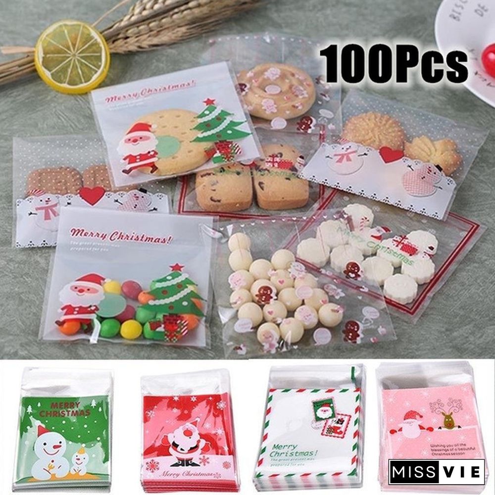 100Pcs Merry Christmas Candy Gift Bags Xmas Cellophane Santa Cello Cookies