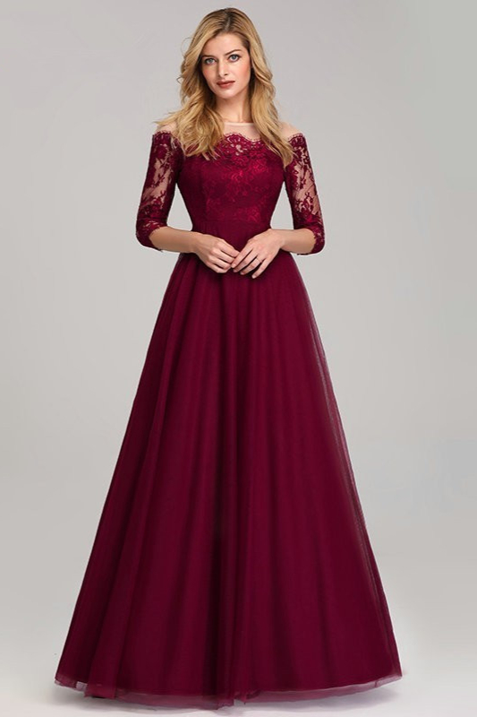 Bellasprom Burgundy Prom Dress Lace Evening Party Gowns Long Sleeve Bellasprom