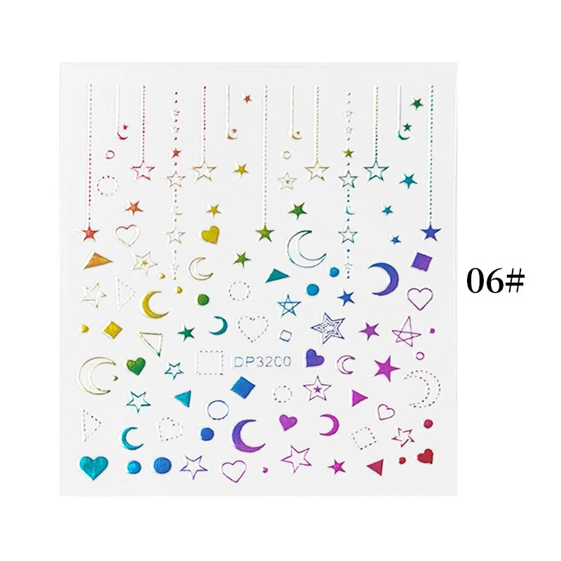 English Letter Design 3D Nail Stickers Iridescent Geometrics Gold Stars Moon Transfer Nail Art Sliders Decoration Accessories-Nail Inspo