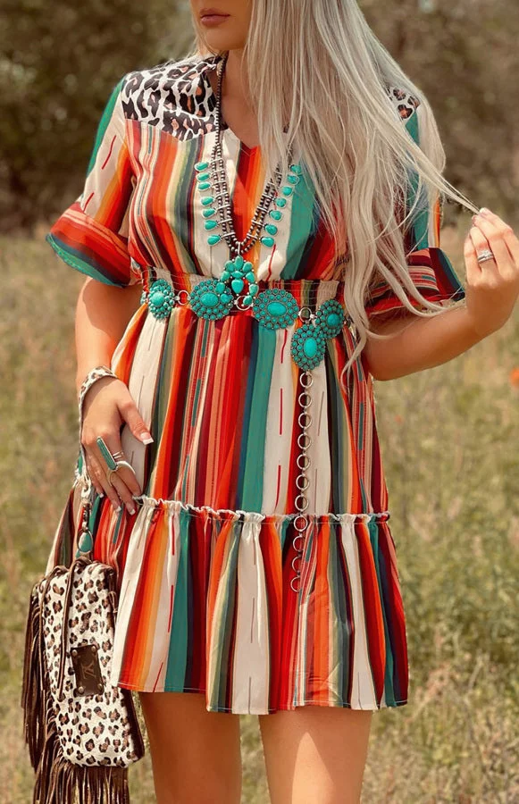 Women's Colorful Striped Leopard Mini Dress