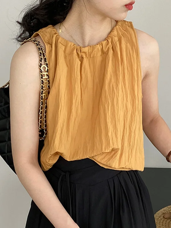 Roomy Sleeveless Drawstring Pleated Pure Color Round-Neck Vest Top