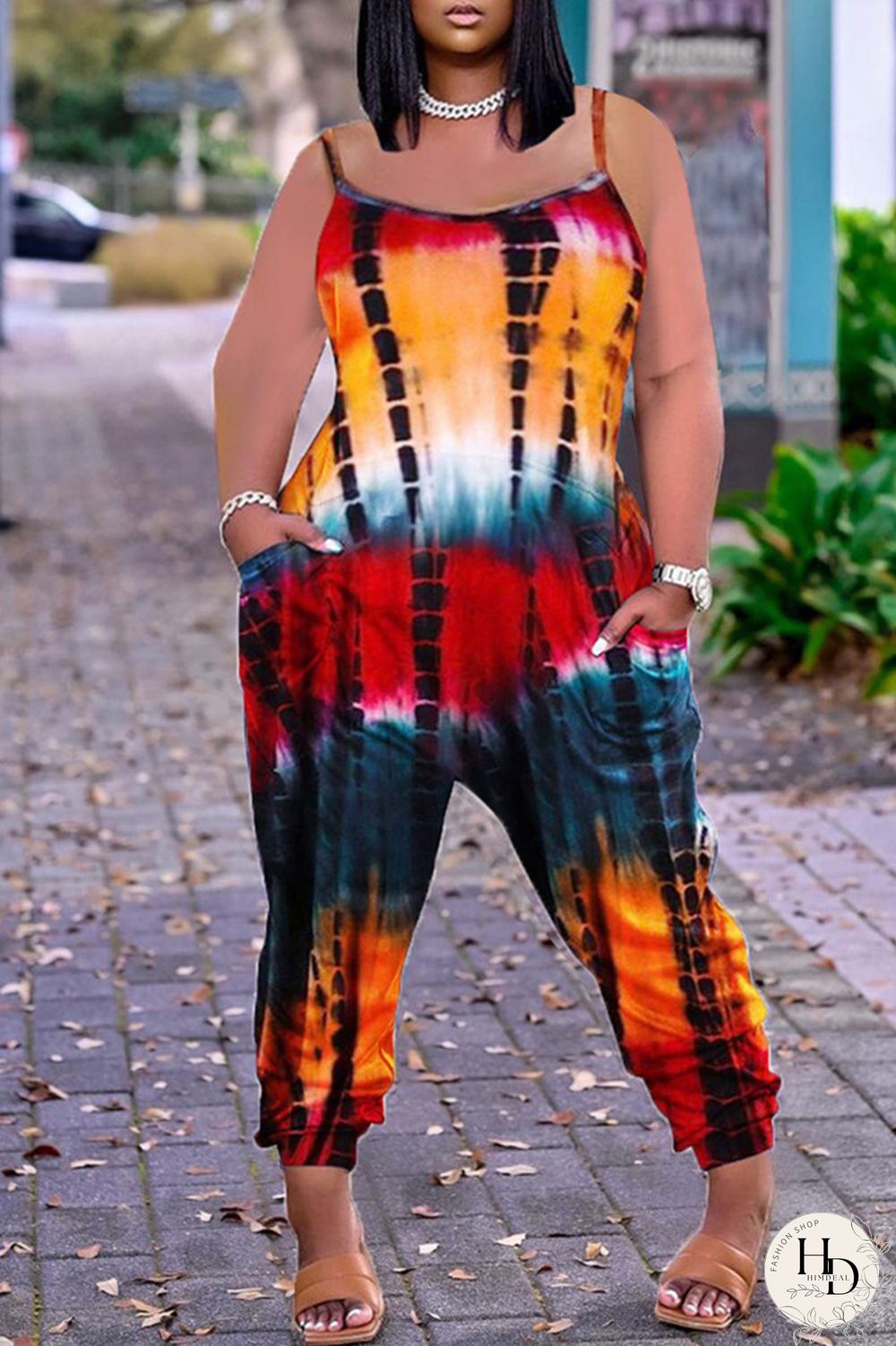 Red Fashion Casual Tie Dye Printing Spaghetti Strap Regular Jumpsuits