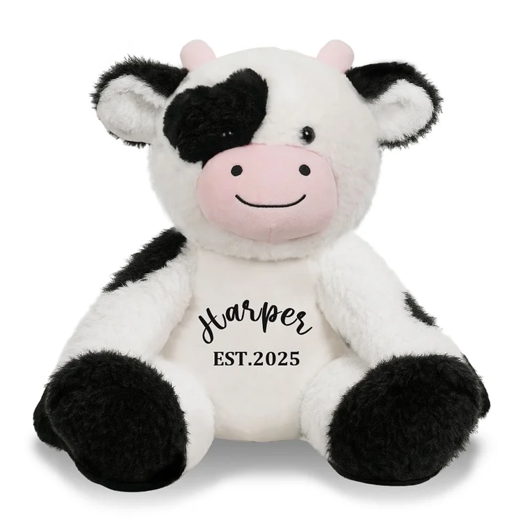 Custom Milk Cow Stuffed Animal, 13.5" Black White Cows Personalized with Name Date,  Soft Cuddle Cow Plush Gift for Kids