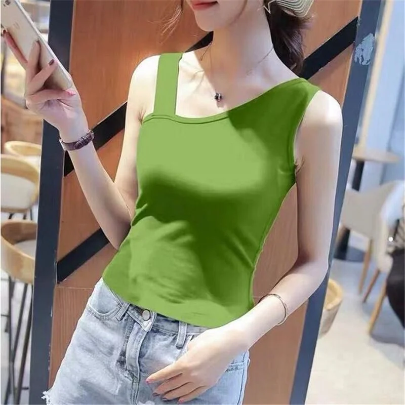 Slanted Shoulder Camisole Female Tee Summer Sleeveless Sling Top  Beautiful Back  Outer Wear Thin Tank Top Women's Camis