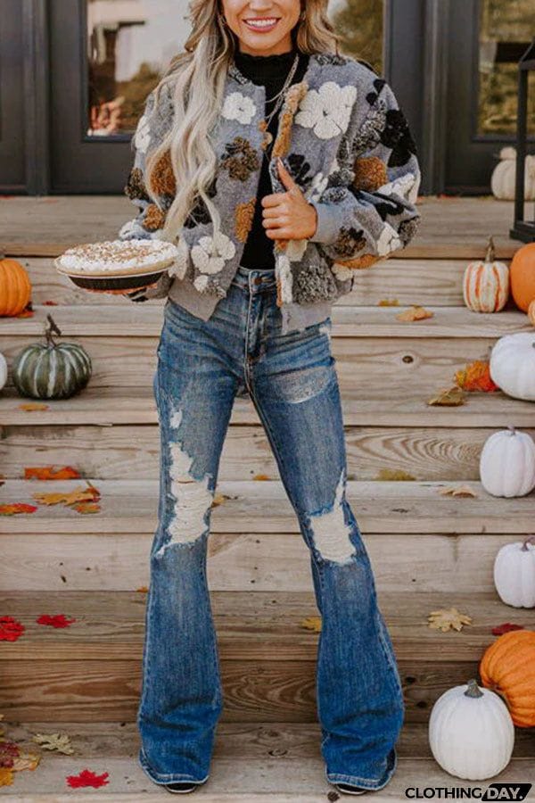 Foliage Falling Sherpa Flower Pattern Pocketed Cozy Jacket