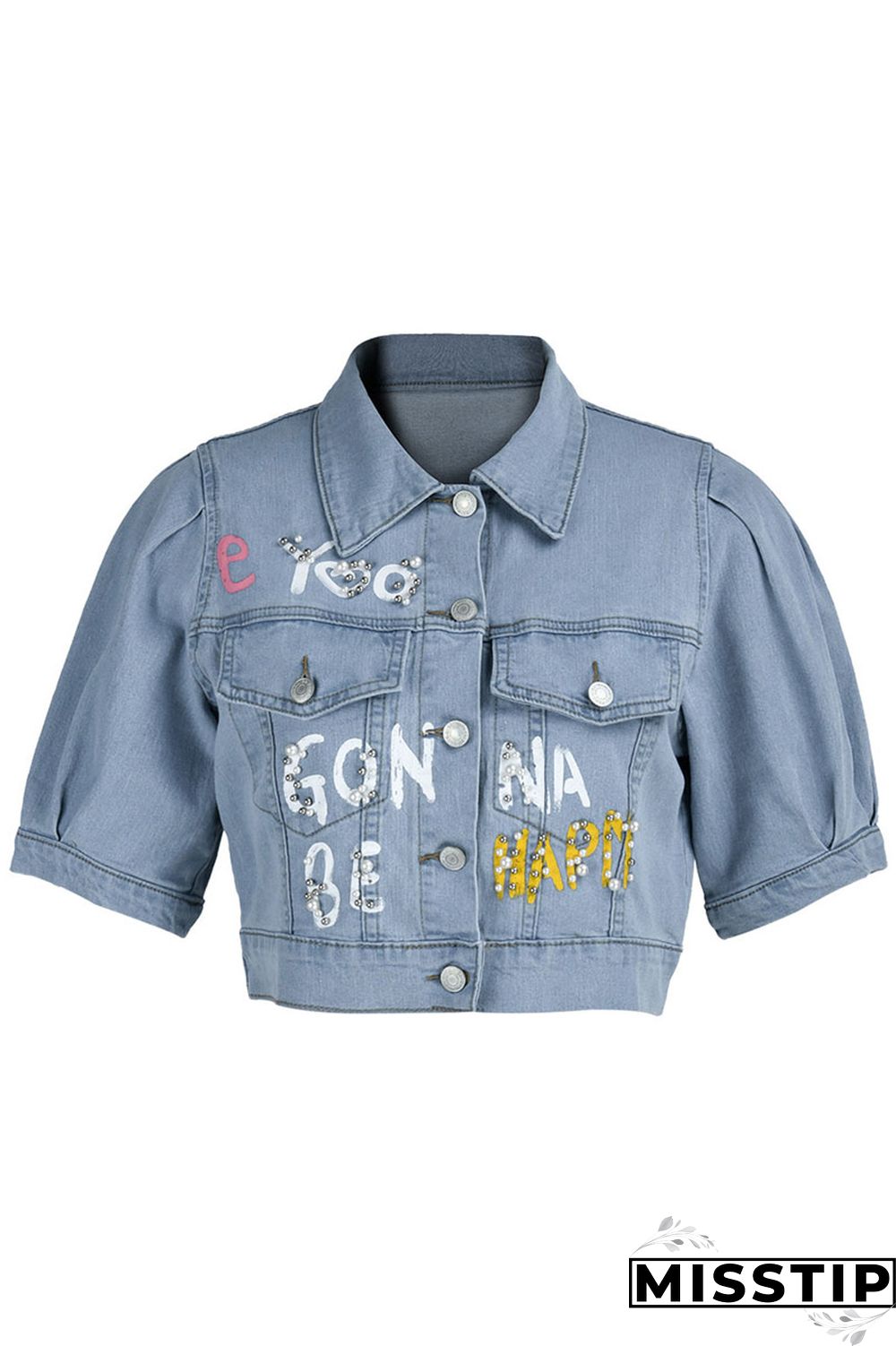 Blue Fashion Casual Letter Print Patchwork Beading Turndown Collar Half Sleeve Regular Denim Jacket